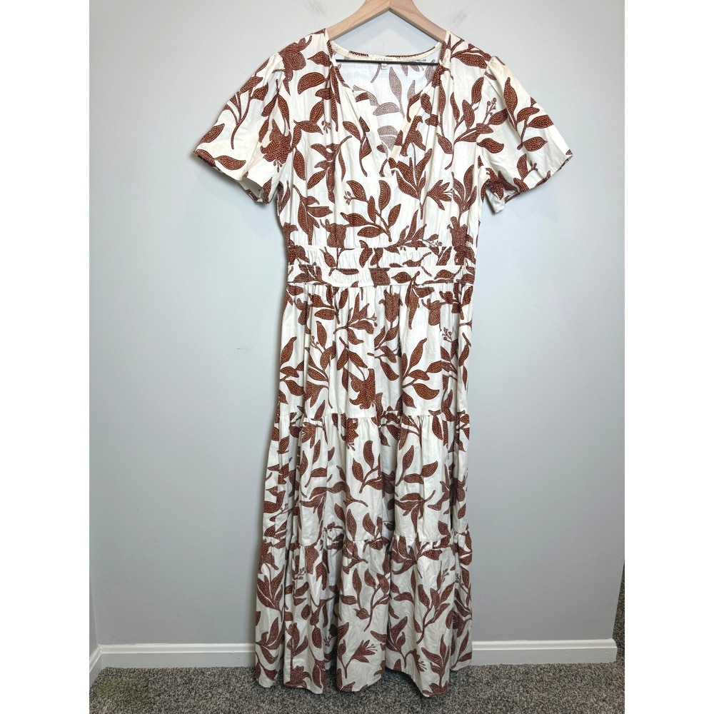 Kate & Sam 100% Cotton Brown Cream Floral Tiered Maxi Dress Long Smocked L